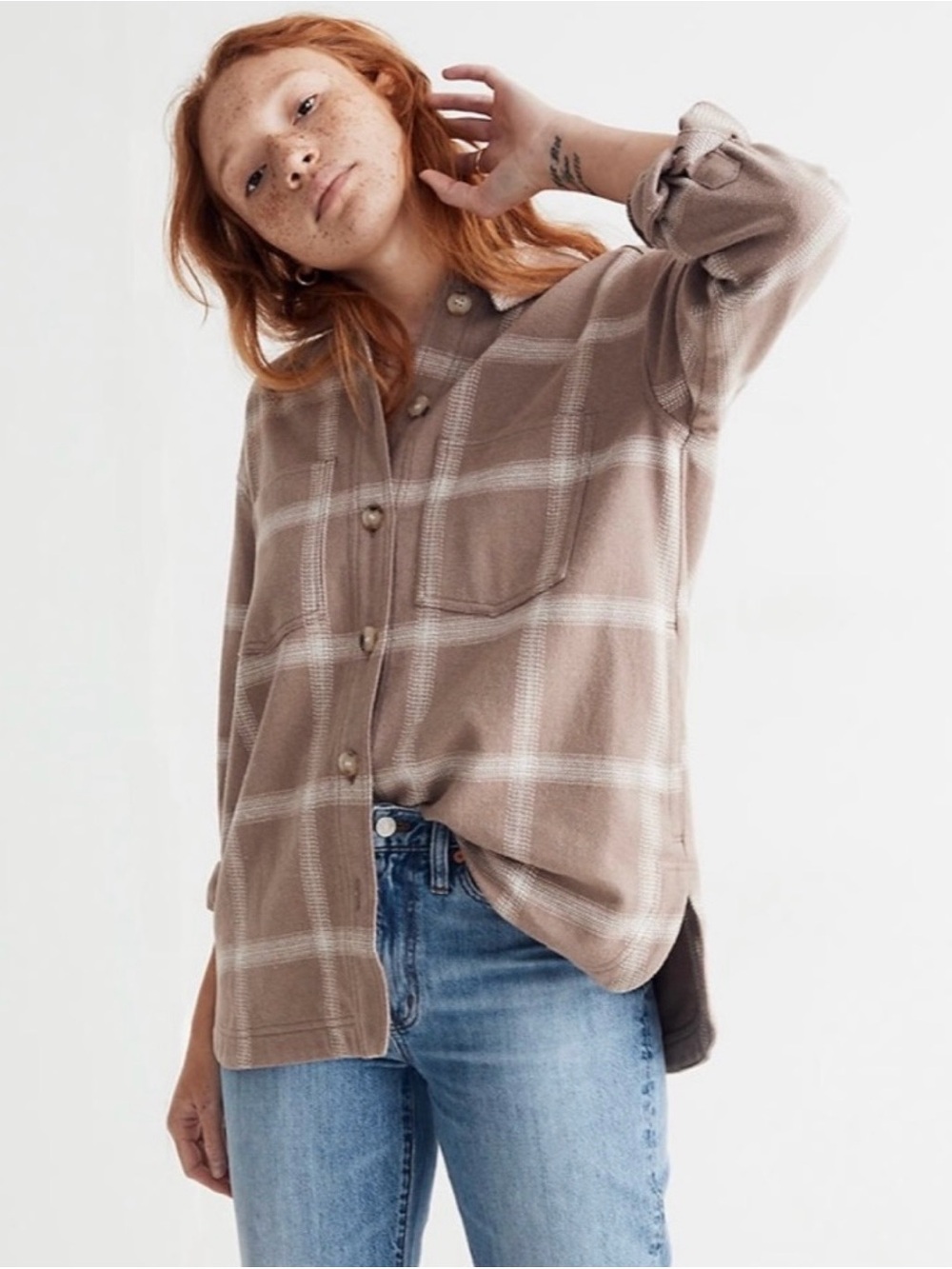 Madewell Flannel Kentwood Oversized Shirt Shacket in Warm Taupe